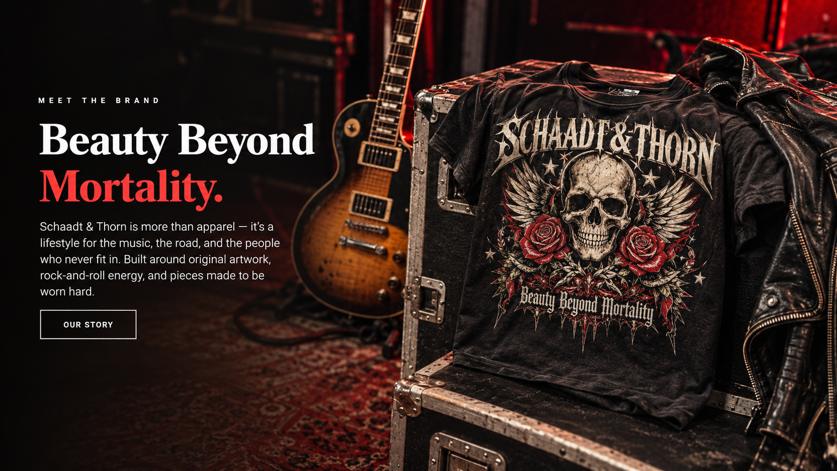 Rock apparel, guitar, leather jacket and road case